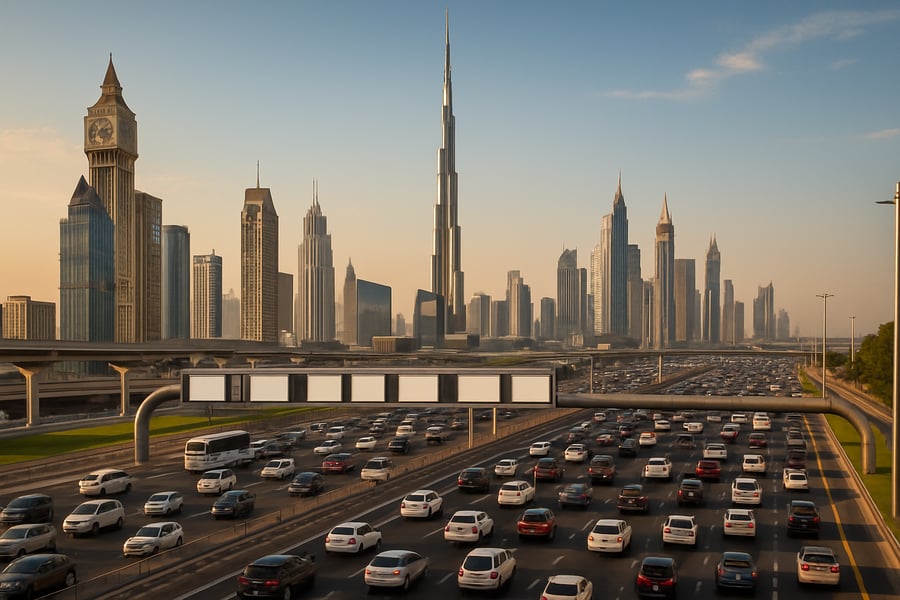 Dubai skyline with busy toll road Dubai skyline with busy toll road